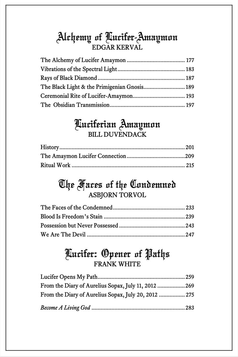 Puede incluir: Una portada de libro en blanco y negro con el t&iacute;tulo "Alchemy of Lucifer-Amaymon" de Edgar Kerval. La portada del libro tambi&eacute;n incluye los t&iacute;tulos "Luciferian Amaymon" de Bill Duvendack, "The Faces of the Condemned" de Asbjorn Torvol y "Lucifer: Opener of Paths" de Frank White.