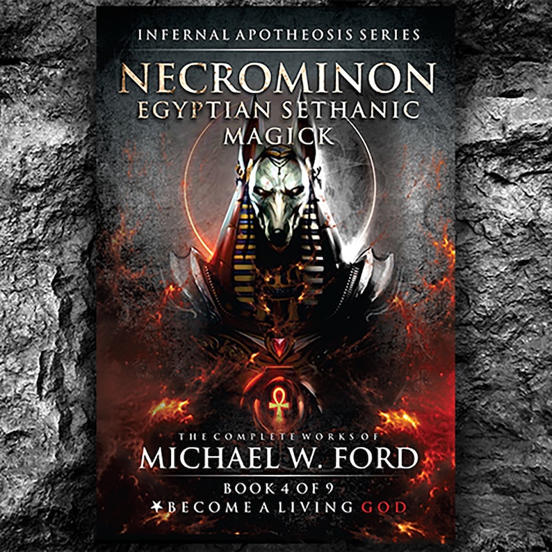 May include: Book cover for "Necrominon: Egyptian Sethianic Magick" by Michael W. Ford. The cover features a dark, imposing figure with a jackal head against a fiery background. The text "Become a Living God" is at the bottom of the cover.