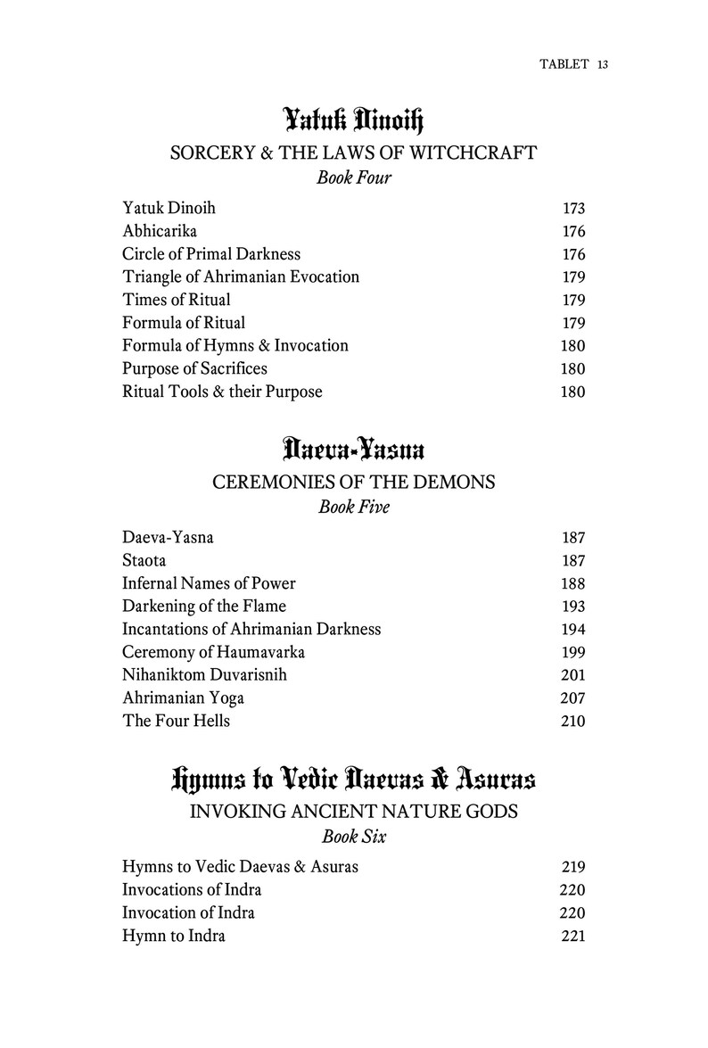 Puede incluir: Un documento de texto en blanco y negro con el t&iacute;tulo "Yatuk Dinoih: Hechicer&iacute;a y las Leyes de la Brujer&iacute;a" y una tabla de contenido con n&uacute;meros de p&aacute;gina. El documento est&aacute; dividido en tres secciones: "Yatuk Dinoih", "Naeva-Yasna" y "Himnos a los Daevas y Asuras v&eacute;dicos".