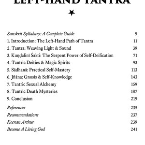 Puede incluir: P&aacute;gina de libro con el t&iacute;tulo "TABLET of LEFT-HAND TANTRA" en negrita negra. El &iacute;ndice incluye temas como "Alquimia sexual t&aacute;ntrica" y "Misterios de la muerte t&aacute;ntrica".