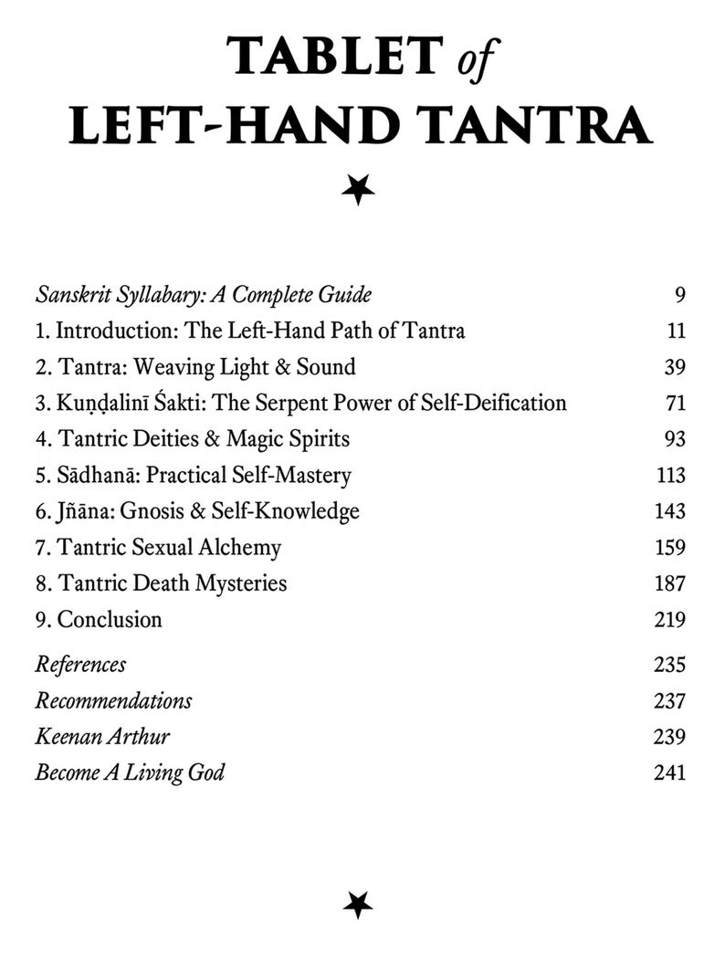 Puede incluir: P&aacute;gina de libro con el t&iacute;tulo "TABLET of LEFT-HAND TANTRA" en negrita negra. El &iacute;ndice incluye temas como "Alquimia sexual t&aacute;ntrica" y "Misterios de la muerte t&aacute;ntrica".