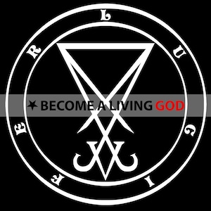 Puede incluir: Un sello blanco con un tri&aacute;ngulo y dos espadas cruzadas, rodeado de un c&iacute;rculo con las letras "LUGIREF" y el texto "BECOME A LIVING GOD" en rojo.