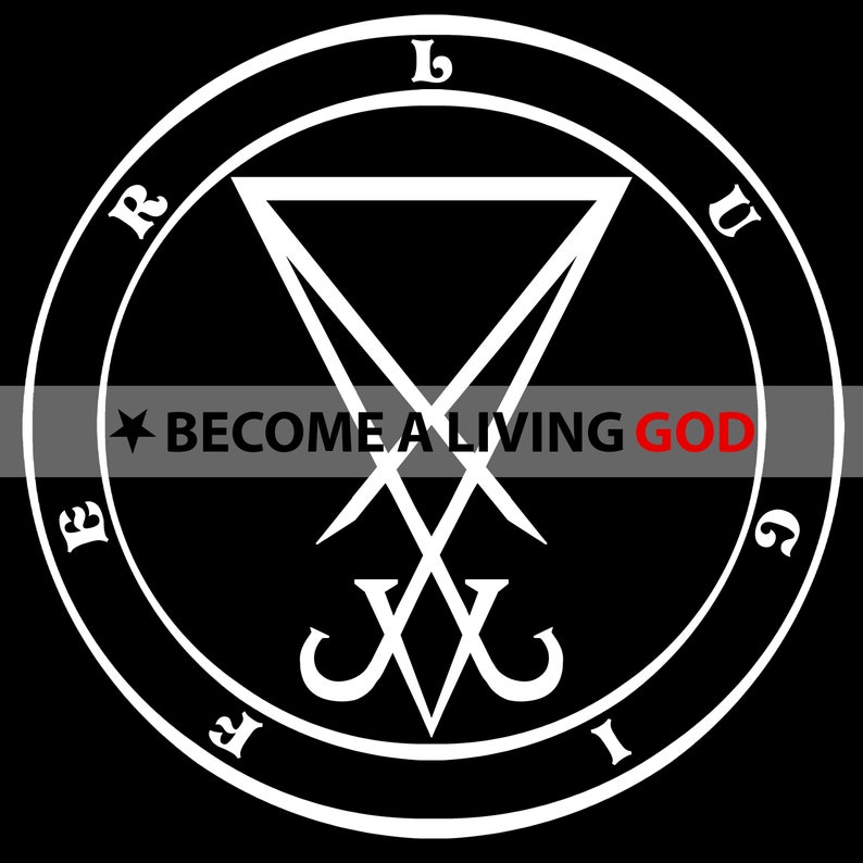 Puede incluir: Un sello blanco con un tri&aacute;ngulo y dos espadas cruzadas, rodeado de un c&iacute;rculo con las letras "LUGIREF" y el texto "BECOME A LIVING GOD" en rojo.