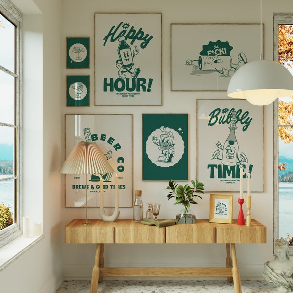 Ensemble de 8 chariots de bar à imprimer (Vert Rétro) | Art mural Happy Hour | affiches vintage inspirées de bouteilles de cocktail | Téléchargement numérique ArtSaltPlace