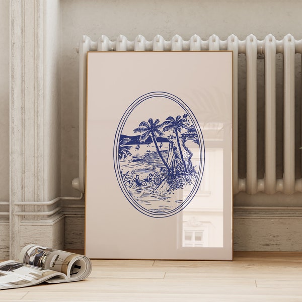 Vintage Blue Tropical Print | Palm Tree Art | Coastal Wall Decor | Retro Beach Aesthetic Wall Art | Minimalist ArtSaltPlace Digital Download