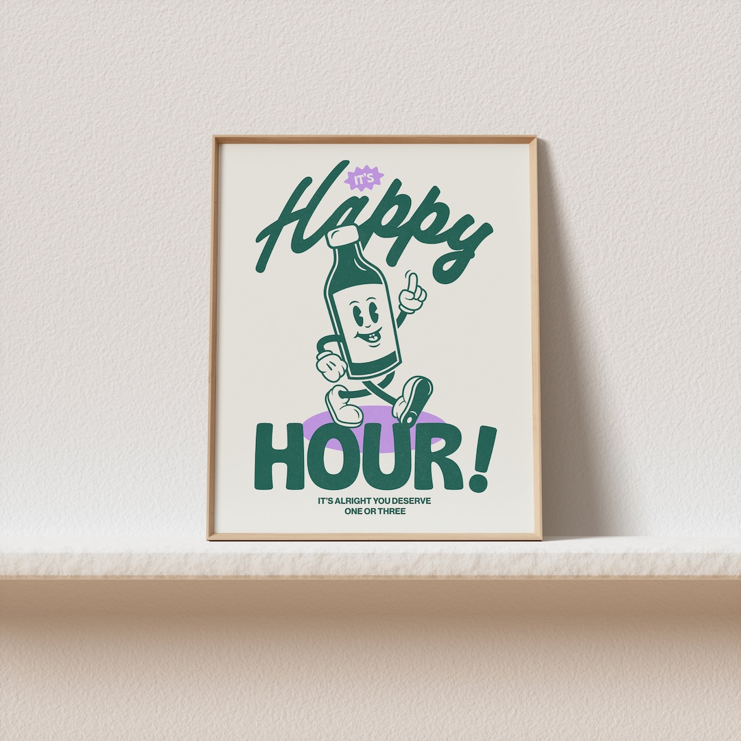 Bar Cart Wall Art Decor Retro Beer Happy Hour Print Etsy