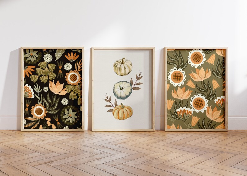 Thanksgiving Printable Wall Art Set of 3 Posters Boho Autumn Pattern Prints Gallery Wall ArtSaltPlace Pumpkin Print Digital Download image 3