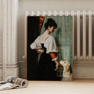 Woman with Dog Print V2 | European Vintage Print | Dark Moody Wall Decor | ArtSaltPlace Digital Download | Instant Printable