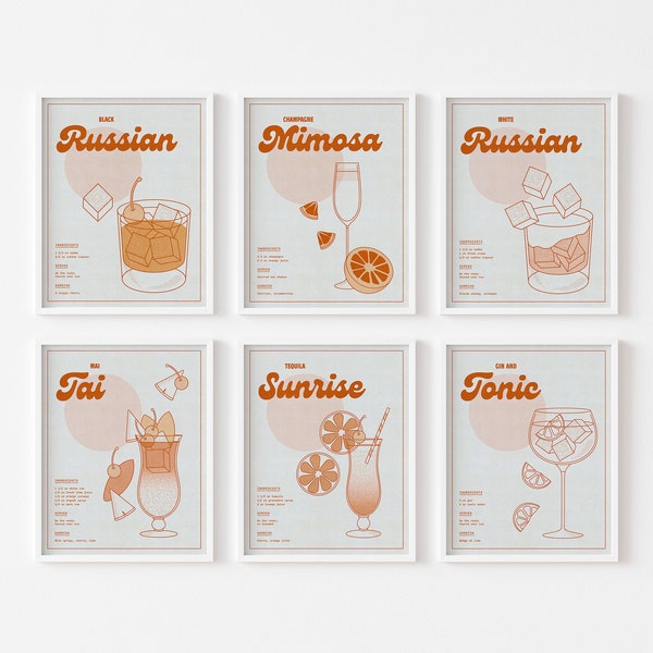 Retro Cocktail Glass Posters | Set of 6 Bar Cart Prints | Vintage Inspired Recipe Printables | Restaurant Wall Art | Digital Download