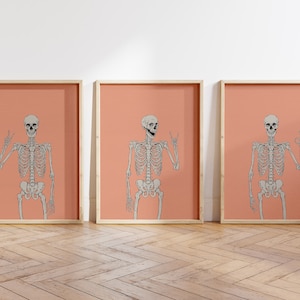 Pastel Halloween Skeleton Prints | Set of 3 Funny Skeletons | Trendy Pink Skull Prints | Fall Gallery Wall | ArtSaltPlace Digital Download