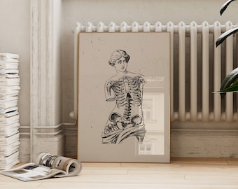 Halloween Anatomy Print | Vintage Fall Decor | Skeleton Woman Black and White Autumn Print | ArtSaltPlace Digital Download