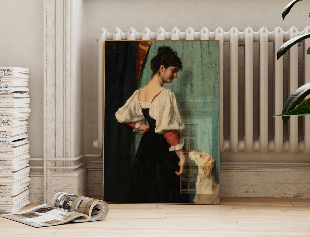 Woman With Dog Printable European Vintage Print Dark Moody Wall Decor