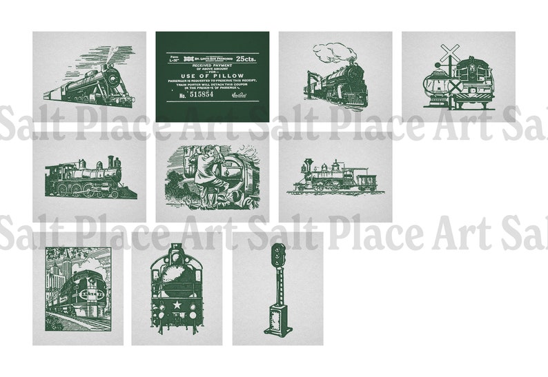 Set of 10 horizontal and vertical retro halftone train prints in green. Vintage railroad train illustrations. Perfect for a girls or boys nursery, kids room, or railroad transportation enthusiast.