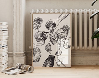 Impresión de cóctel "Cheers": Arte de carrito de bar en blanco y negro (descarga digital)