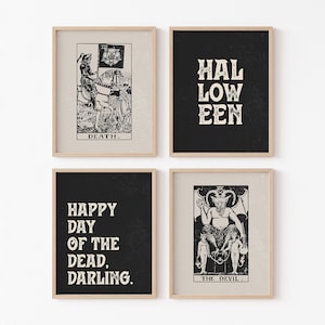 Schwarzweiss-Halloween-Kunst | Neutrale Halloween Galeriewand | Vintage okkulte Tarot-Kartendrucke | ArtSalt Place Digitaler Download