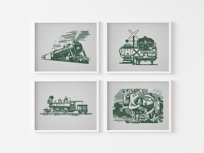 Set of 10 horizontal and vertical retro halftone train prints in green. Vintage railroad train illustrations. Perfect for a girls or boys nursery, kids room, or railroad transportation enthusiast.