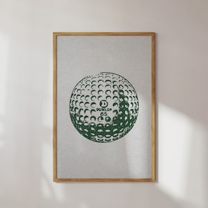 Vintage vertical golf print. Illustration of a green golf ball. Retro halftone look on an off white old looking paper texture. Perfect for kids room, boys or girls nurseries, or sports and golf enthusiasts.