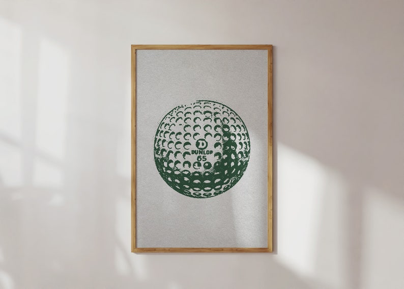 Vintage vertical golf print. Illustration of a green golf ball. Retro halftone look on an off white old looking paper texture. Perfect for kids room, boys or girls nurseries, or sports and golf enthusiasts.