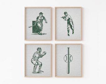 May include: Set of four vintage-style baseball illustrations in green on a white background. The illustrations depict a baseball player batting, a baseball player fielding, a catcher, and a baseball bat and ball.