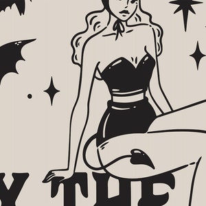 May include: Black and white illustration of a woman with a devil tail sitting on the word "HEY" with stars and bats in the background.