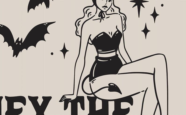 May include: Black and white illustration of a woman with a devil tail sitting on the word "HEY" with stars and bats in the background.