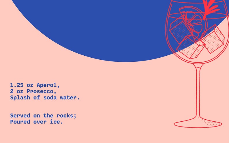 May include: A red line drawing of a cocktail glass with ice cubes, an orange slice, and a sprig of greenery. The text reads: "1.25 oz Aperol, 2 oz Prosecco, Splash of soda water. Served on the rocks; Poured over ice."