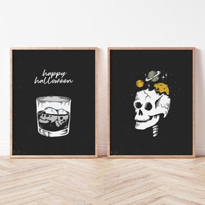 Zestaw 2 wydruków na imprezę Halloween | Dekoracje do baru w stylu grunge | Sztuka Halloween z pijaną czaszką | Dekoracje na Halloween dla dorosłych | Pobieranie cyfrowe