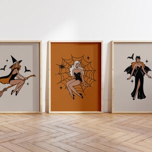Witchy Halloween Trio Print Set | Set of 3 Mid Century Modern Witch Prints | Trendy Wall Art | ArtSalt Digital Download
