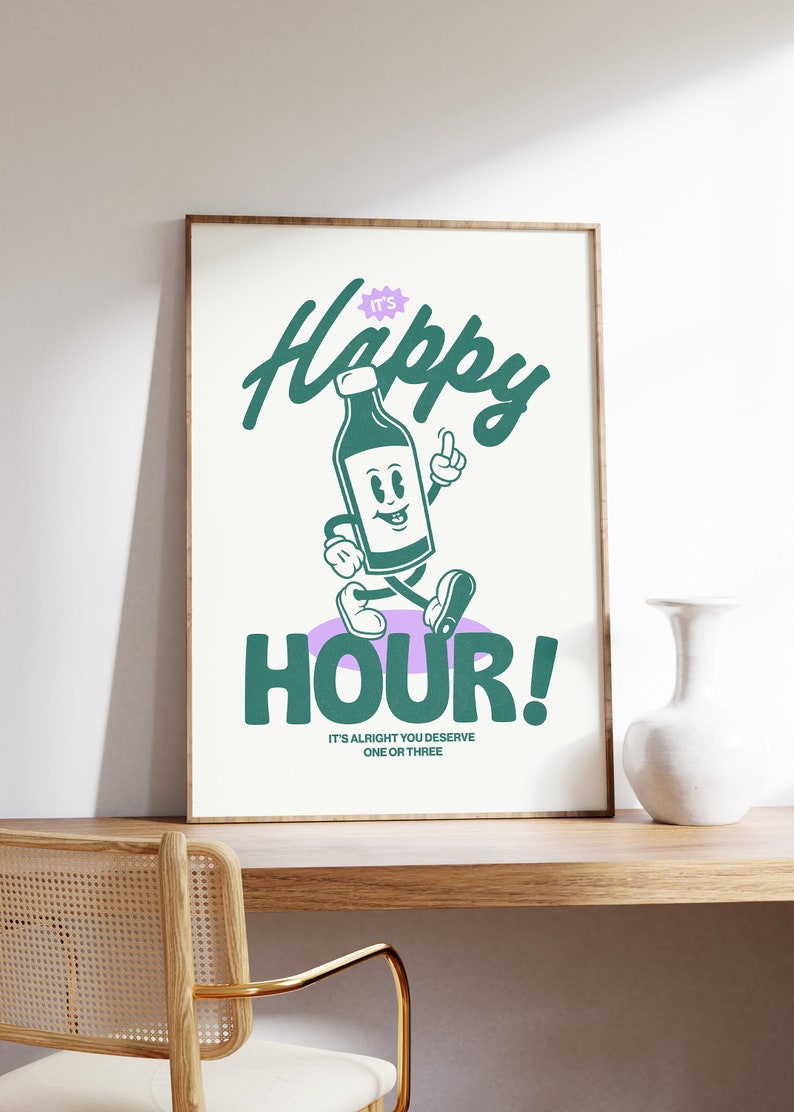 Bar Cart Wall Art Decor Retro Beer Happy Hour Print Etsy