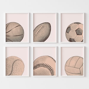 Set of 6 Sports Prints | Neutral Brown Sports Posters Volleyball Football Basketball Volleyball Tennis Soccer ArtSaltPlace Digital Download