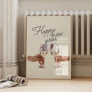 Cheers Print | Trendy Happy New Year Poster | Christmas White Wine Bar Cart Decor | Aesthetic Holiday Poster | ArtSaltPlace Digital Download