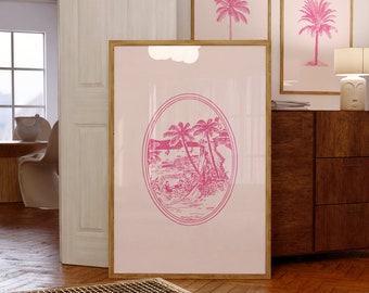 Pink Tropical Palm Tree Print Set: Retro Coastal Art (Digital Download)