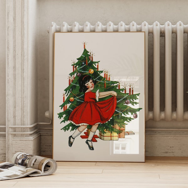 Vintage Christmas Tree Print | Retro X Mas Poster | Little Girl Wall Art | Holiday Season Nursery Decor | Digital Download