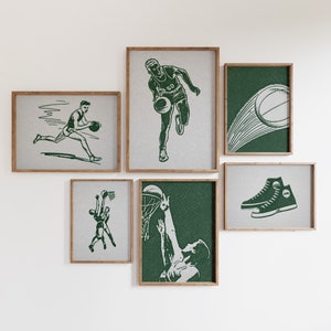 Conjunto de 12 impresiones de baloncesto vintage / carteles retro de gimnasio deportivo de semitono / arte de pared de la sala de niños atléticos modernos de mediados de siglo / descarga digital