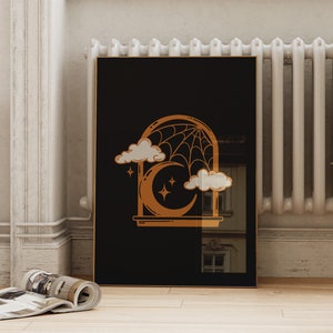 Halloween-Wand-Kunst | Kinderzimmer Herbst Poster | Witchy Mond Printable | Boho Schwarz und Orange | Moderne Herbst KunstSalt Place Digitaler Download