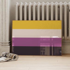 May include: A framed print of a flag with four horizontal stripes. The top stripe is yellow, the second is white, the third is purple, and the bottom stripe is black.