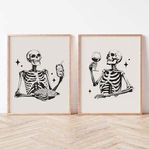 Set van 2 prints voor Halloween-keukenbarwagen | Grappig skelet wijnmuurkunst | Poster skelet pasta | Dining ArtSaltPlace digitale download