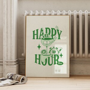 Retro Green Happy Hour Printable | Vintage Inspired Cocktail Glass Poster | Bar Cart Wall Art Decor | ArtSaltPlace Digital Download