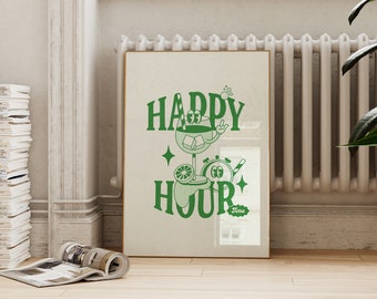 Happy Hour vert rétro à imprimer | affiche inspirée vintage de verre à cocktail | Décoration murale pour chariot de bar | Téléchargement numérique ArtSaltPlace