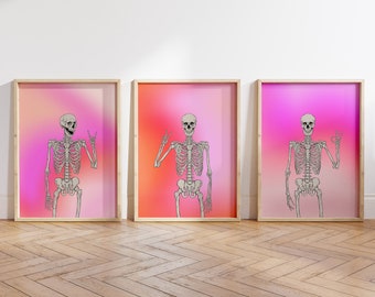 Halloween Skeleton Prints | Set of 3 Funny Skeletons | Colorful Gradient Trendy Pink Skull Prints | ArtSaltPlace Digital Download