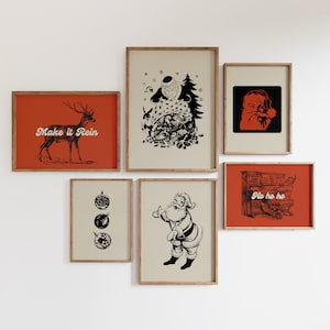 Vintage Christmas Printable Wall Art | Set of 6 Mid Century Red Xmas Posters | Winter Santa Home Decor Bundle | Retro Digital Download