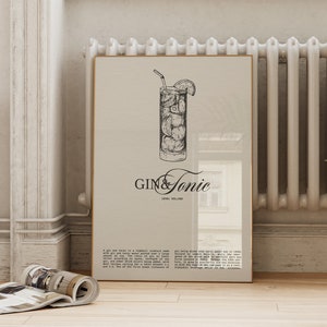 Impresión de gin-tonic / Bar Cart Wall Art / Cartel de cóctel de tipografía de inspiración retro / Descarga digital negra beige neutra ArtSaltPlace