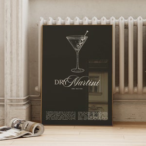Arte de parede em vidro de coquetel preto | Estampa Martini Seco | Tipografia Gin Bar Cart Decoração para impressão | Download digital inspirado no vintage ArtSaltPlace