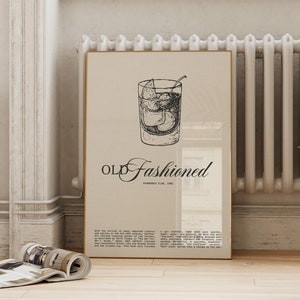 Old Fashioned Poster | Vintage Inspired Bar Cart | Minimalist Alcohol Printable | Cocktail Glass Print | Liquor Decor Kitchen Digital Print