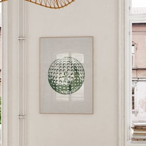 Vintage vertical golf print. Illustration of a green golf ball. Retro halftone look on an off white old looking paper texture. Perfect for kids room, boys or girls nurseries, or sports and golf enthusiasts.