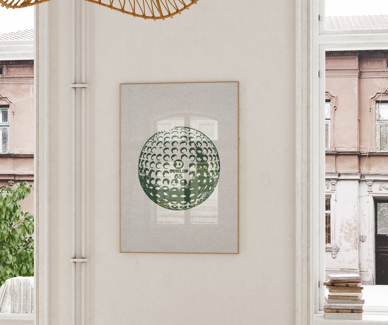 Vintage vertical golf print. Illustration of a green golf ball. Retro halftone look on an off white old looking paper texture. Perfect for kids room, boys or girls nurseries, or sports and golf enthusiasts.