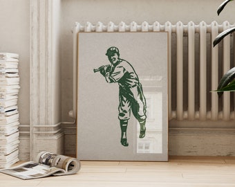 Może przedstawiać: Winietkowa ilustracja baseballisty w zielonej sylwetce, trzymającego kij i stojącego w pozycji uderzenia. Ilustracja jest wydrukowana na jasnozielonym tle.