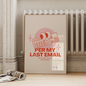 Zabawny wydruk biurowy „Per My Last Email”: dekoracja w stylu retro w kolorze różowo-czerwonym (pobranie cyfrowe)