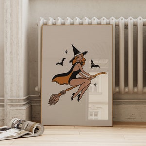 Linda impresión de bruja / Decoración moderna de Halloween de mediados de siglo / Cartel de otoño boho / Arte de pared oculto brujo / ArtSaltPlace imprimible instantáneo