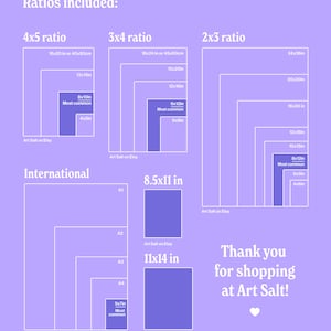 May include: A graphic showing different print sizes for art prints, including 4x5, 3x4, and 2x3 ratios. The most common sizes are highlighted in each ratio. The graphic also includes international paper sizes, such as A1, A2, A3, and A4. The graphic is on a light purple background.